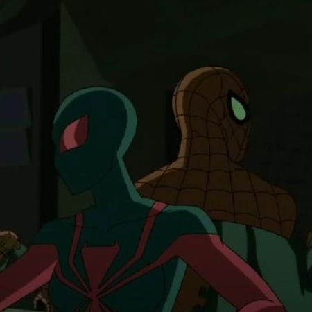 Spider-Woman and Spider-Man are standing together surrounded by enemies.
